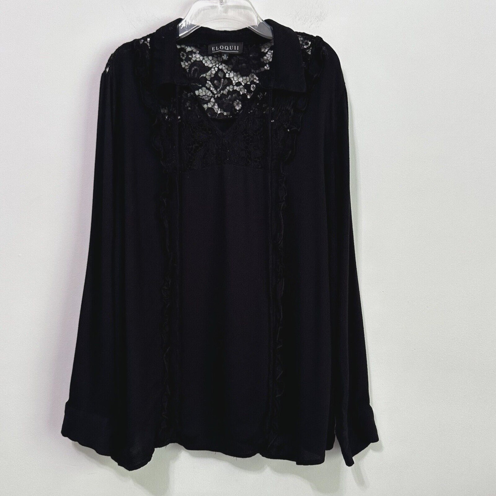 Eloquii Popover Top 22 Plus Black Lace Yoke V Neck Long‎ Sleeve Tie Neck Ruffle